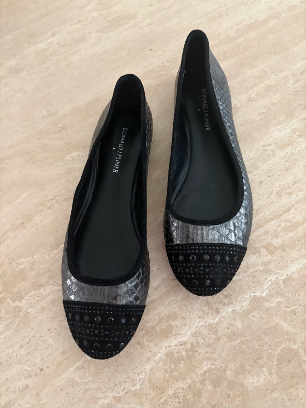 Donald J. Pliner Silver and Black Croc-Texture Studded Ballet Flats